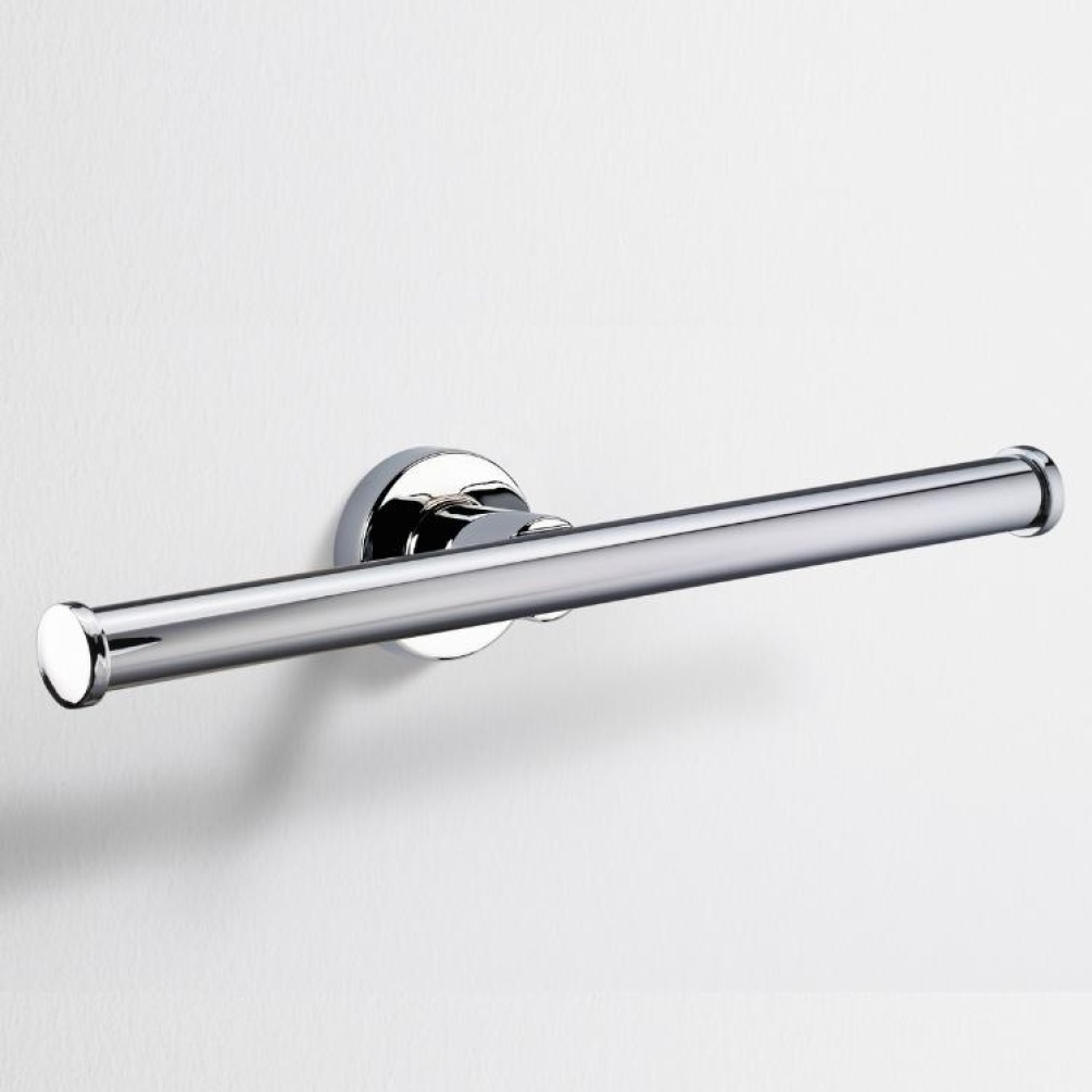 Close up product image of the Origins Living Tecno Project Chrome Double Spare Toilet Roll Holder